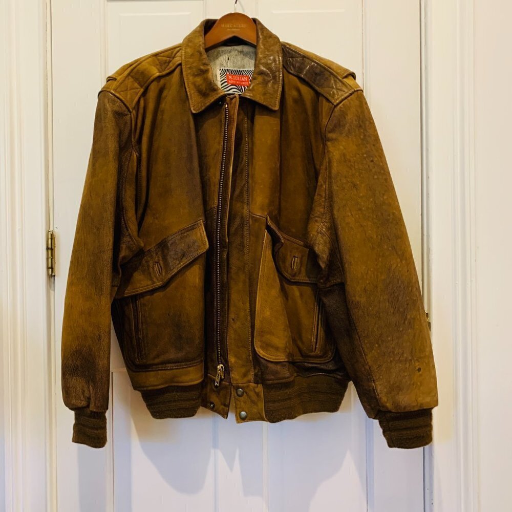 M Julian Brown Leather Bomber Aviator Flight Jacket Vintage Size L/XL - Picture 2 of 16